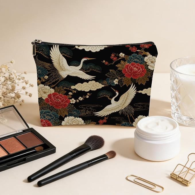 Vintage Oriental Cranes Makeup Bag Chinoiserie Floral Bird Cosmetic Bag | Travel Toiletry Bags, Toiletry Organizer Pouch Christmas Birthday Gifts for Women Mom Sisters Daughters Friends Bird Lover