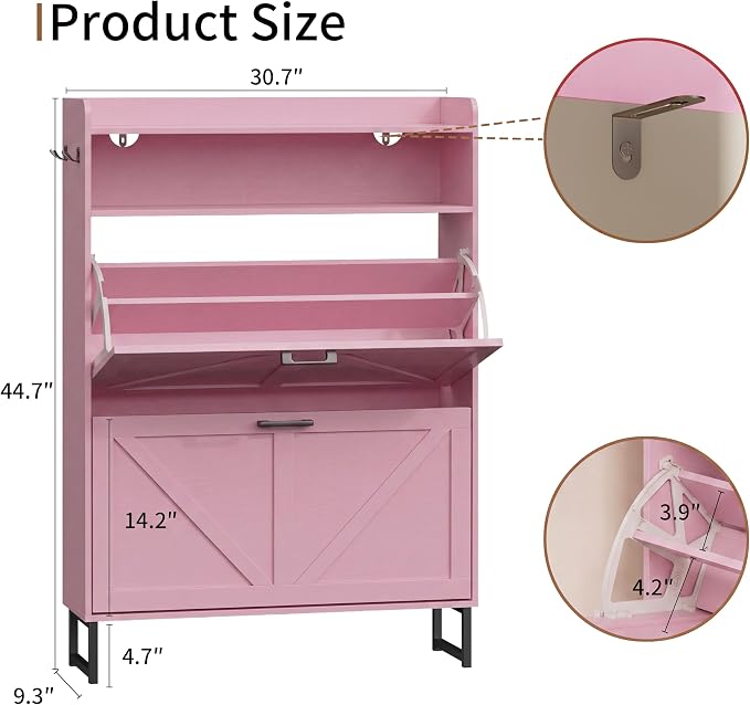 Xixini Shoe Storage Cabinet with 2 Flip Drawers, Entryway Shoe Rack, Pink | Freestanding Narrow Shoe Storage, Hidden Slim Wood Shoe Organizer, Modern Farmhouse, Open Storage & Hooks for Closet, Hallway