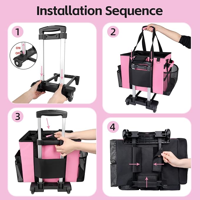 Large Rolling Cleaning Caddy Bag with Wheels, with Detachable Trolley, Cleaning Bags on Wheels for Housekeepers, Cleaning Cart Supplies Organizer for Home, Car, Picnic (Pink)