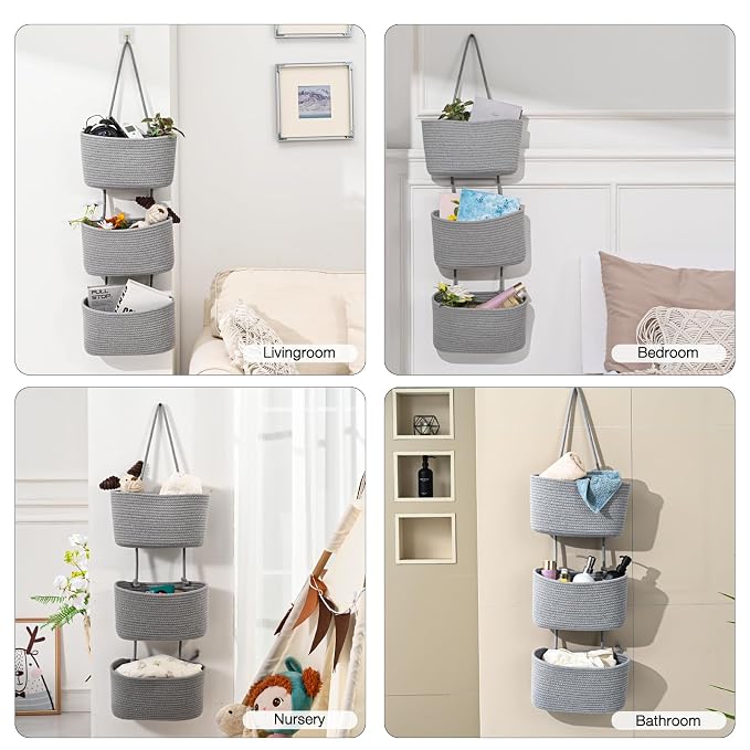 ICERZCZ Hanging Baskets for Organizing, Over the Door Decorative Storage Organizer, Nursery Decor Organization, 3-Tier Wall Basket for Entryway Playroom Bathroom Closet, Light Gray