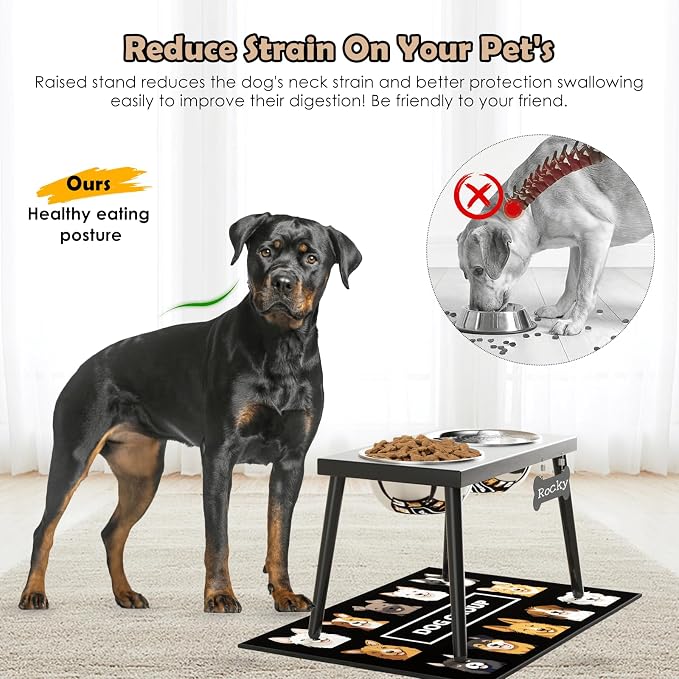 ADENGL Metal Raised Dog Bowl Stand for Large and Medium Dogs, Stronger Elevated Dog Bowls with Sprill Proof Mat, Pet Food & Water Bowls 10" Tall Dogs Feeder (58OZ-Stainless Steel Pet Bowl, Mat-16x24)