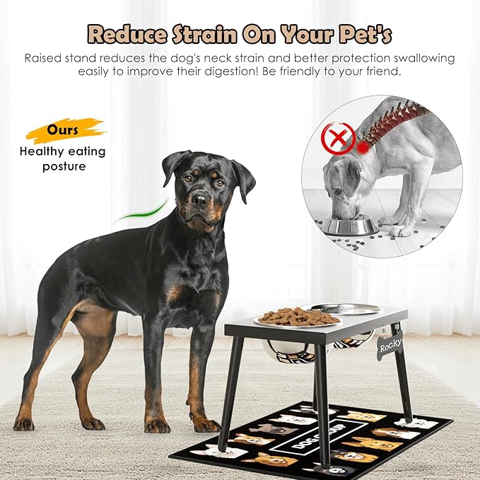 ADENGL Metal Raised Dog Bowl Stand for Large and Medium Dogs, Elevated Dog Bowls with Sprill Proof Mat ＆ Slow Feeder, Pet Food Bowls 10" Tall Dogs Feeder (58OZ-Stainless Steel Pet Bowl, Mat-16x24in)