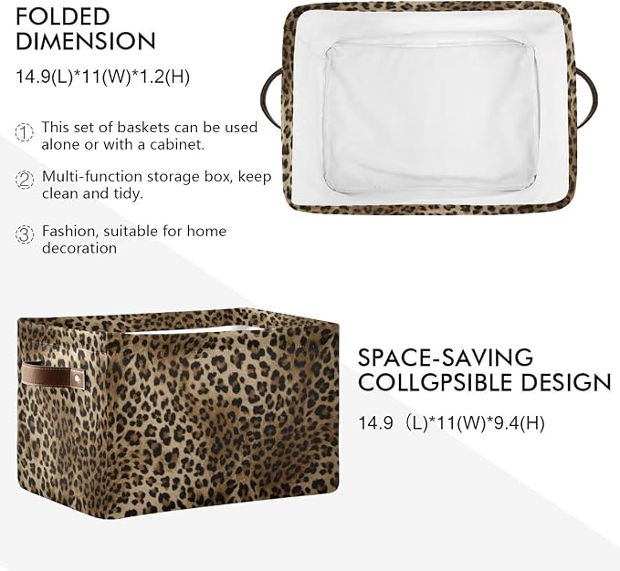 Leopard Print Storage Basket Collapsible Storage Cube Bins Organizer | Collapsible Cloth with Handles Rectangular Toys Nursery Bedroom Home Office