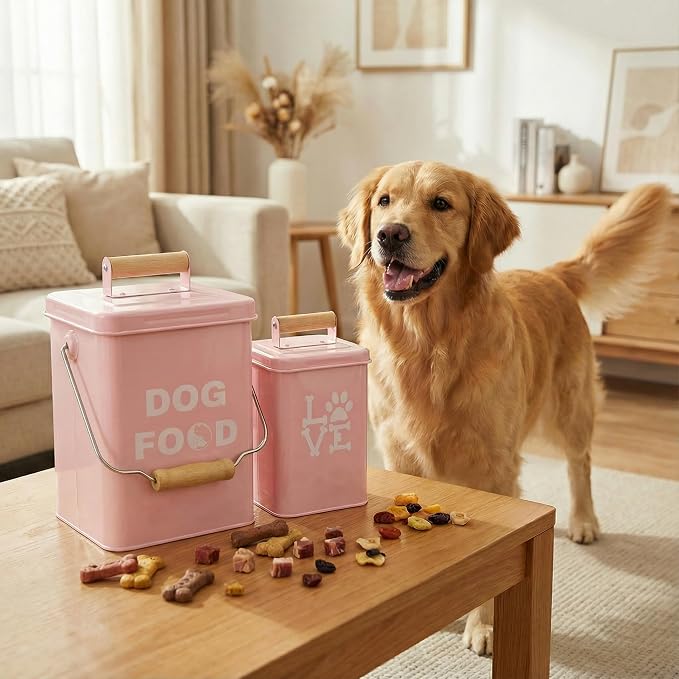 Dog Food Storage Container Set of 2 Dog Treat Container with Airtight Lids Dog Treat Jar with Scoop Metal Dog Food Holder with Wooden Handles for Kitchen Counter and Pantry Home Decor - Pink