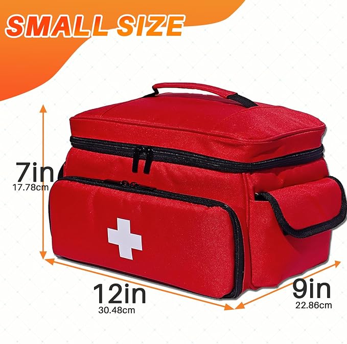 First Aid Bag Empty 12" x 9" x 7" Red Medical Bag Red Pill Bottle Organizer Portable Emergency Bag Travel Medicine Kit Storage Case First Aid Box for Car, Home, Office, Dorm, Outdoor (Small)