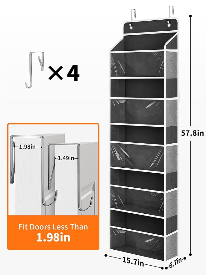 JARLINK Over The Door Toy Storage Organizer w/Clear Window, Black, 2 Pack | Anti-Tilt 44 lb Load Capacity, Baby Toy Storage Organizer for Stuffed Animals, Nursery, Kid Bedroom, Newborn Baby Essentials