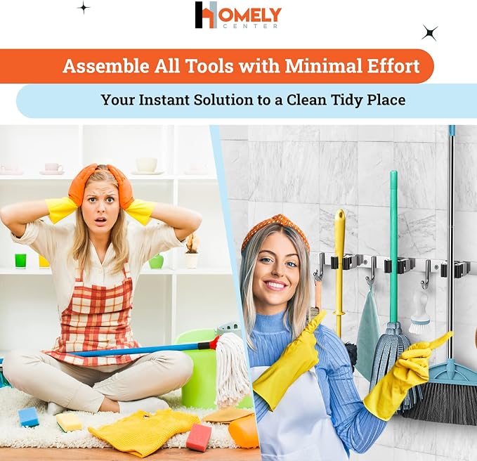 Homely Center Mop and Broom Holder Wall Mount – Heavy-Duty Closet Organizer for Garage, Kitchen, Laundry Organization – Tool Hanger with 3 racks and 4 hooks