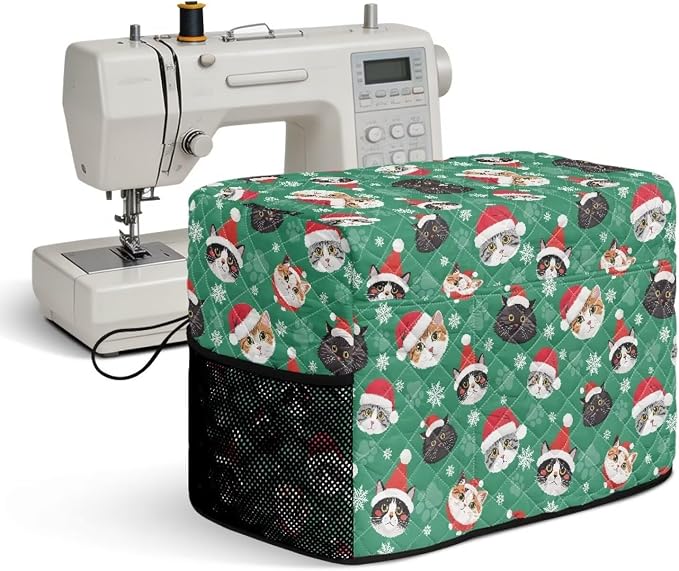 Sewing Machine Cover Polyester Febric Christmas Santa Cat Print | Dust Pet Hair Protection,Quilting Design,Fits Standard Singer,Brother Janome Machines,Protecting Decorating Your Sewing Space