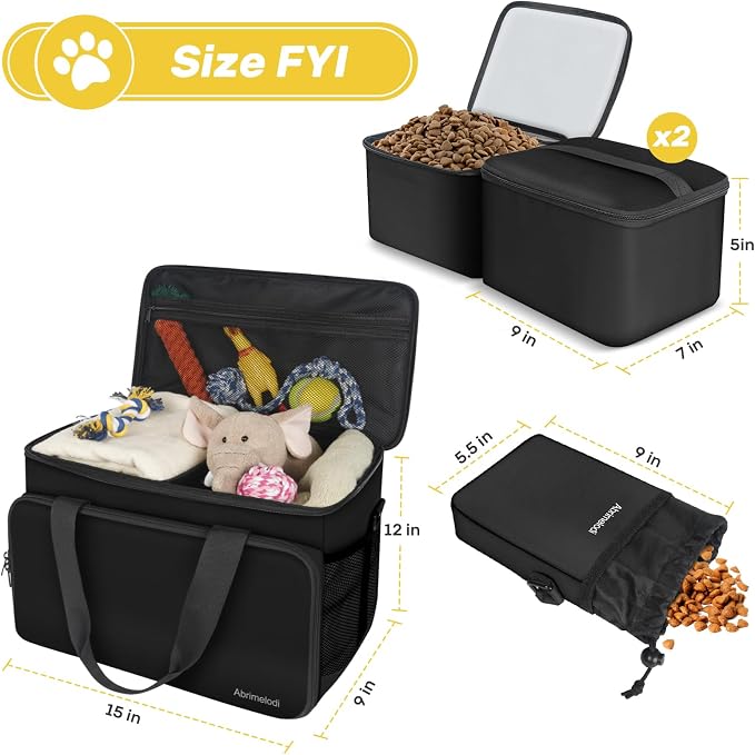 6 Set Dog Travel Bag, Large Pet Travel Kit for Supplies, Black | Includes 2 Food Containers, 1 Pet Organizer for Dogs, 2 Collapsible Bowls, 1 Treat Pouch, Dog Weekend Overnight Bag Luggage