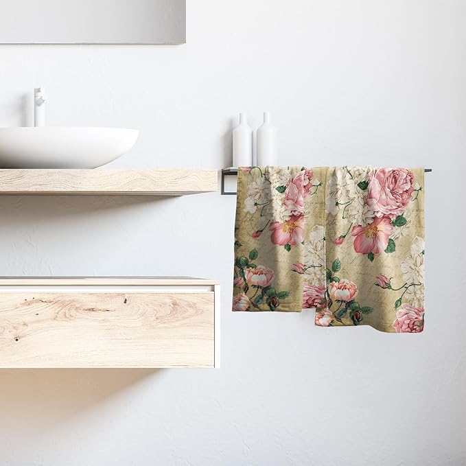 Giwawa Vintage Rose Floral Hand Towels, 15x30 in Set of 2, Retro Pink Flower Leaves Stamp Hair Face Towel Soft Highly Absorbent Shabby Chic Beige Fingertip Towel for Bathroom Girl Woman Guest Gifts