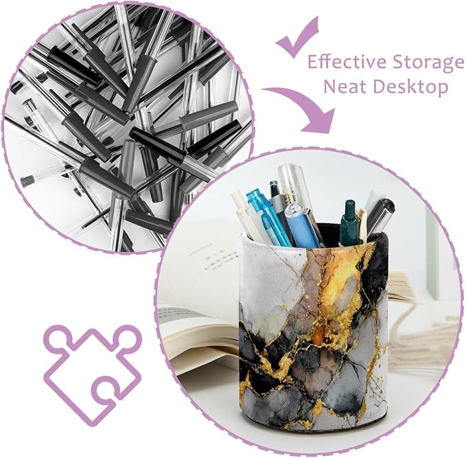 Faux Leather Pen Holder for Desk, Pencil Organizer Marble Texture Pen Cup Desk Decor Makeup Brush Holder Storage for Office Home