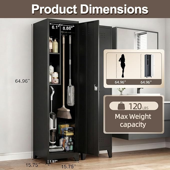 Slim Broom Closet Storage Cabinet, Black Metal Cabinets with Lock and & S-Hooks, Cleaning Supply Cabinet, 65x15.8x15.8 Utility Storage Cabinet for Garage, Office, Laundry Room