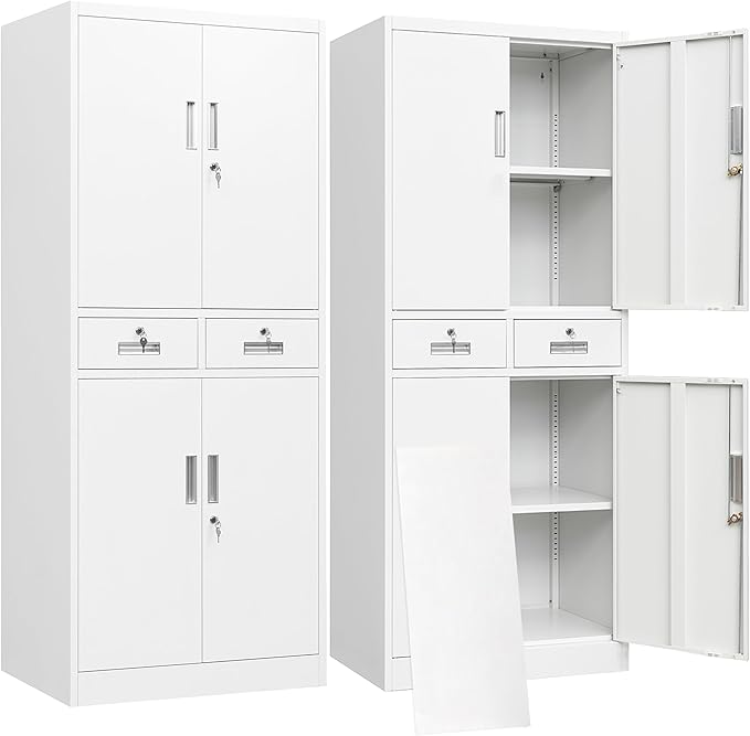 BESFUR Metal Storage Cabinet with 2 Drawers 4 Doors and 2 Adjustable Shelves Garage Storage Cabinet with Lock 71" Office Storage Cabinets Locking Cabinets for Garage Office Shop Home (White)