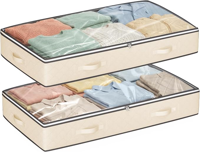 95L Under Bed Storage Containers, 2 Pack Beige | Underbed Storage Bags for Blankets, Towels, Comforter, Sweaters, Linen Sheets, Wrapping Paper
