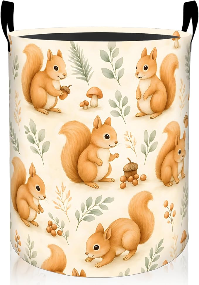 Cute Squirrel Laundry Basket, Watercolor Woodland Foldable Oxford Cloth, Waterproof Dirty Clothes Hamper with Handles, Clothing Storage Bin Toy Organizer for Bedroom Dorm Bathroom, 19.7"x15.7"