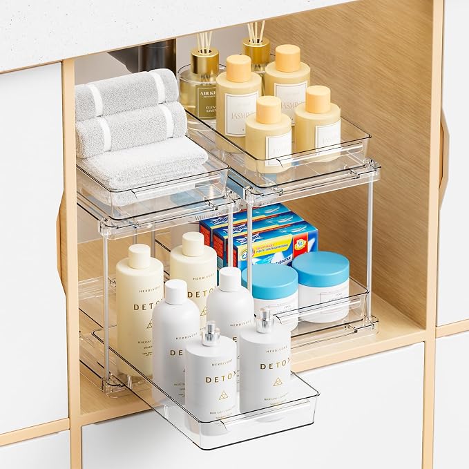 2 Pack 2 Tier Pull Out Drawers for Medicine Cabinet Organizer,Bathroom Under Cabinet Storage,12.1″ Deep Pantry and Medicine Shelf Organizer for Toiletry Product,Vitamin Bottle and Supplement
