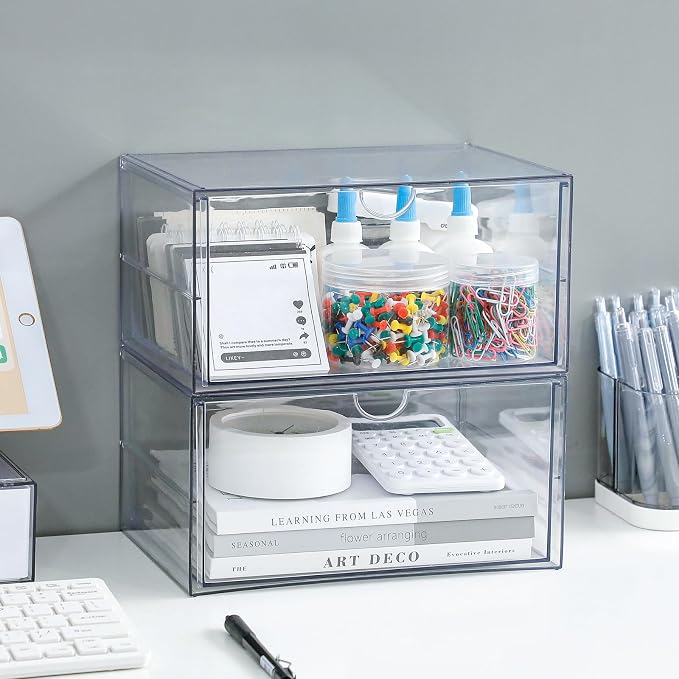 Clear Plastic Drawer Organizer, 2 Pack, 2 Drawers | Stackable, For Office Supplies, For Marker Pen, For Art Crafts & Stationery, For Coffee Pods