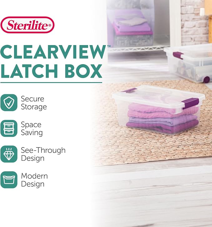 Sterilite 24-Pack ClearView Latch Box, Stackable Storage Organizer Bins for Home, 15 Quart | Clear Plastic Organizers with Color Accent Latches for Closet, Bedroom, Shelving Units, Dorm Room and Home Organization