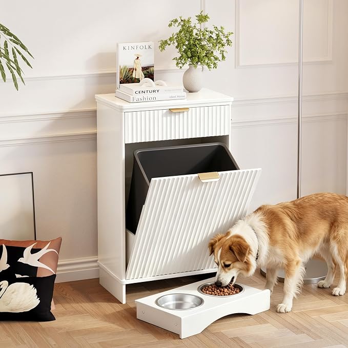 Dog Food Storage Cabinet, Pet Feeding Station with 2 Hidden Bowls, White