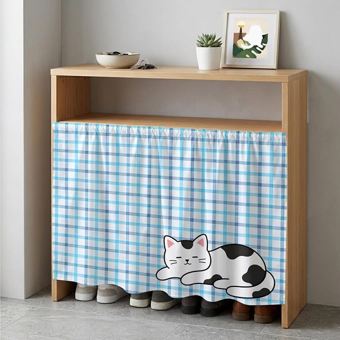 Cute Cat Cabinet Dishwasher Hidden Curtains, Privacy Closet Door Curtain, Blue Purple Checked Modern Pet Cats Rustic Adhesive Dust Proof Under Sink Skirt for Bathroom Kitchen 35"x35"