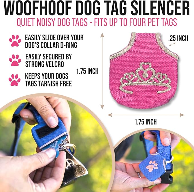 Woofhoof Dog Tag Silencer, Pink Princess - Quiet Noisy Pet Tags - Fits Up to Four Pet IDs - Dog Tag Cover Protects Metal Pet IDs from Tarnish, Made of Durable Nylon, Universal Fit, Machine Washable
