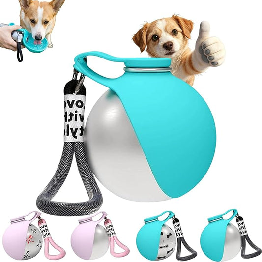 Portable Dog Water Ball,Portable Dog Water Bottle with Bowl,Foldable Pet Water Bottle for Travel,with Stainless Steel Cup & Silicone Bowl,Leak-Proof & Compact Dog Travel,Hiking & Travel (Blue)