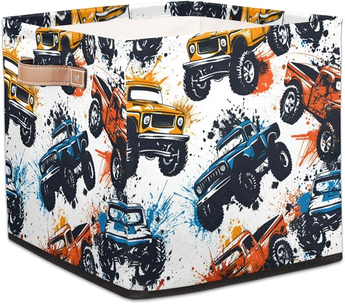 Monster Truck Car Cube Storage Bin, 13 Inch Collapsible Fabric Storage Cubes Bin, Foldable Cube Baskets for Shelf, Closet, Organizer
