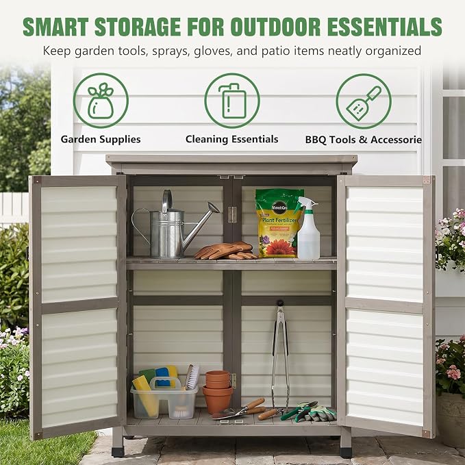 Ketive Outdoor Storage Cabinet, 32" Small Patio Storage Cabinet with Rust-Free Plastic Door Panels, 2-Tier Garden Cabinet for Porch, Balcony, Poolside, Backyard, Garden Supplies & Cleaning Supplies