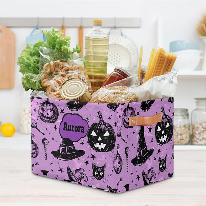 Personalized Name Storage Basket Handles for Girls, Canvas Storage Bins Toys Clothes Organizer for Bedroom, Kitchen, Bathroom, Nursery, Shelves, Closets, Hand Drawn Pumpkin Cat Witch Hat Purple
