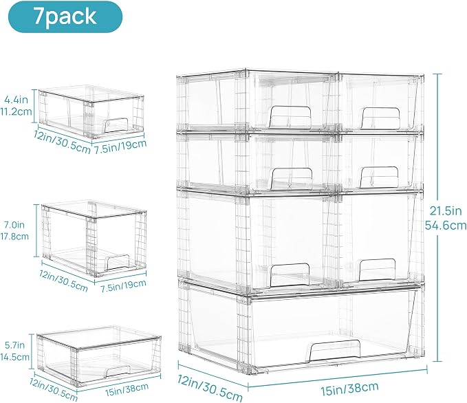 Vtopmart Clear Stackable Storage Drawers, 7 Pack Multi Size Set | Wide, Medium and Small Pull-Out PET Drawers for Flexible Organization, Stackable Storage for Cabinets, Closets, Pantry