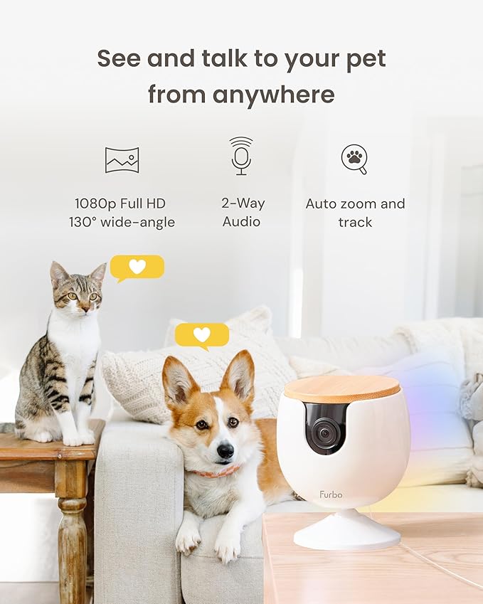 Furbo Mini Pet Camera [No Monthly Fee] | 130° Wide View, Barking/Meowing Alerts, 2-Way Audio, Night Vision, Mountable Design, Pet Monitoring, No AI Alerts or Rotation