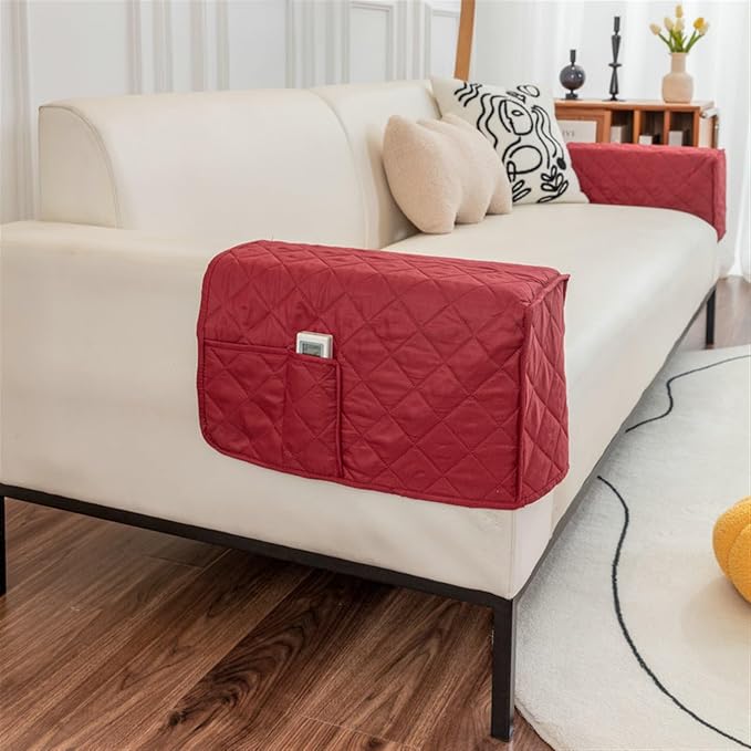 Modern Couch Arm Covers Universal Arm Rest Covers for Sofa Thickened Arm Chair Covers Set of 2 with Pockets Waterproof and Ant-Slip Armrest Organizer(Burgundy)