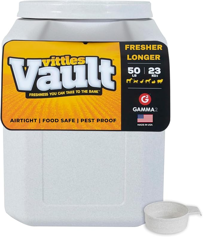 Vittles Vault Airtight Pet Food Storage Container + Scoop, Fits Up to 50lbs | Stores Dog Kibbles, Bird Seed, Oatmeal, Rice, Flour and Cereal in BPA Free Plastic, Sealed Airtight, Made in USA, with Scoop