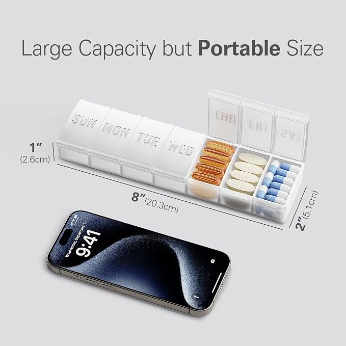 Barhon Pill Organizer Large, Weekly Medicine Pill Organizers, 7 Day Pills Box Case Travel for Big Vitamin Supplements Fish Oil, White