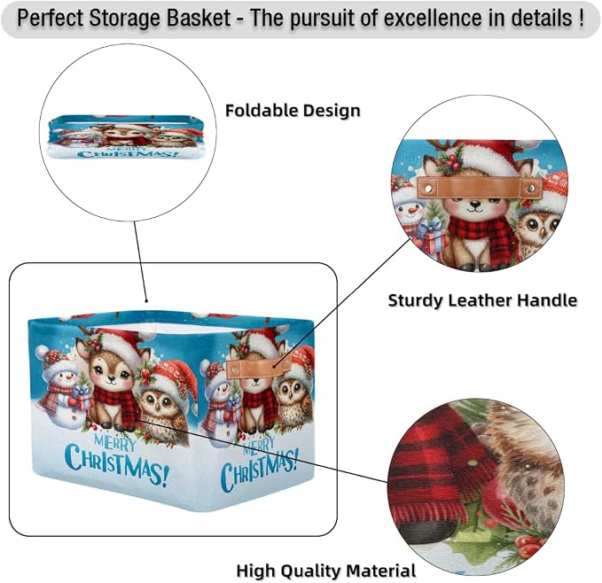 Pardick Christmas Reindeer Snowman Basket Storage Bins Large Fabric Toys Storage Cube Box with Handles Collapsible Closet Shelf Cloth Organizer Basket for Nursery Bedroom Bathroom Holiday Gift