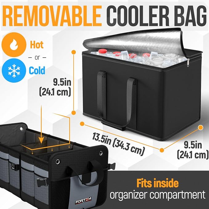 FORTEM Trunk Organizer - Collapsible Car Organizer & Storage Bag for SUVs | Car Accessories for Men & Women, Cooler Bag, Non Slip Bottom, Straps, Soft Cover, 1680D Oxford, 6 Compartments, Grey, 110L