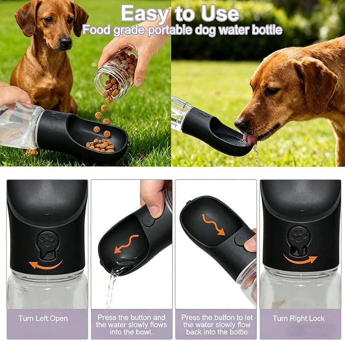 Portable Dog Water Bottle with Food Container, Drinking Bottle for Travel | 2 in 1 Dog Water Bowl, Leak Proof Pet Water Dispenser, BPA Free, Puppy Essentials, for Walking Hiking (Black,12oz)