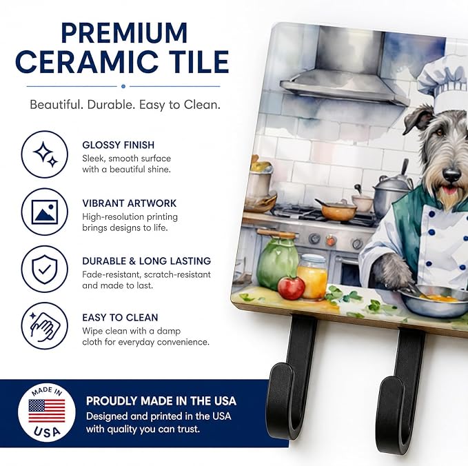Caroline's Treasures Irish Wolfhound The Chef Leash or Key Holder Wall Hooks, Key Hooks Holder, Coat Rack Wall Mount, Coat Hooks, Hooks for Hanging Keys, Towels, Aprons, Leashes | Irish Wolfhound The Chef artwork on ceramic tile with three steel hooks ...