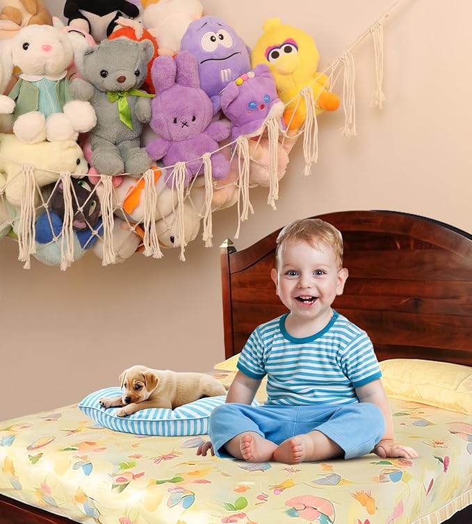 100% Cotton Handmade Stuffed Animal Storage Hammock, Large | Macrame Corner Toy Net, 6 inches Tassels, For Nursery Bedroom