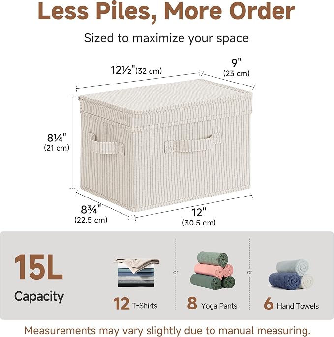 StorageWorks Fabric Storage Bins with Lids, Closet Storage Bins | Flip-Top Lid, 3 Handles, Collapsible, Stackable, for Clothes Blankets, Multi-Purpose, Medium, Khaki and Beige Stripes, 2-Pack