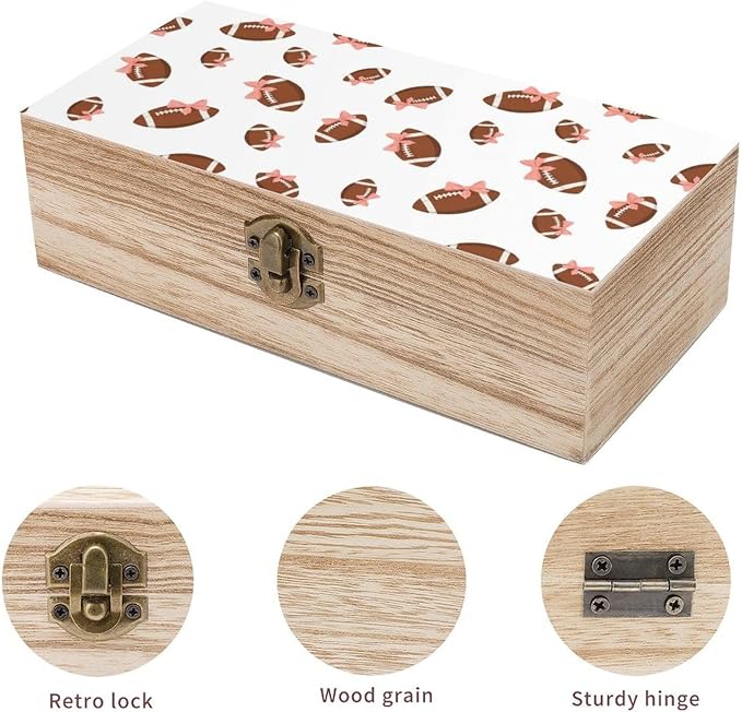 Wooden Storage Box Keepsake Organizer Case with Lid, Pink Bow Football | White Small Memory Boxes, Photo Organizer Jewelry Container Case, 9.2x5.5x3.9 Inch