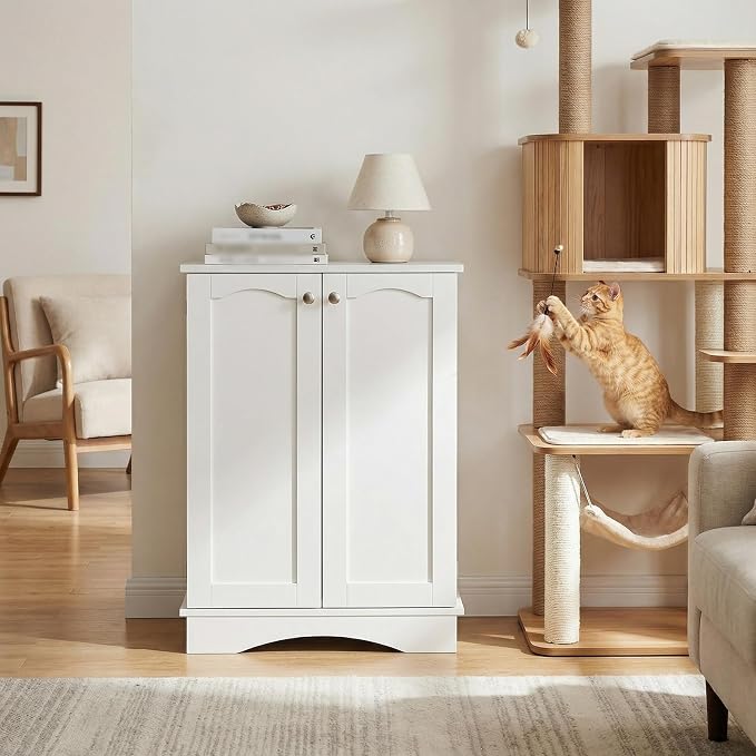 Dog Storage Cabinet with Bowls, Pet Food Storage Cabinet with Adjustable Shelves, Hidden Dog Feeding Station with Hooks, Letter Stickers, Pet Storage Organizer for Cats and Dogs
