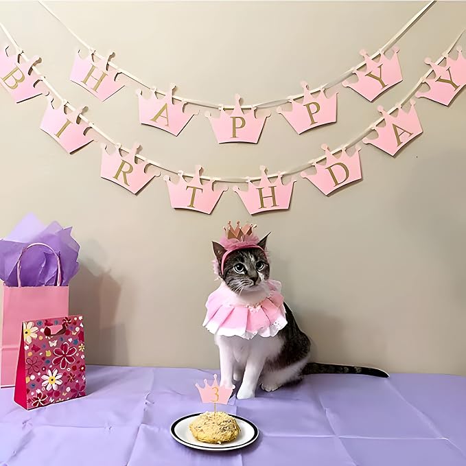Cat Princess Costumes Cat Crown Hat & Lace Bandana Scarf Set, Puppy Party Hat for Small Dogs & Cats, Lace Outfit for Cats and Small Dogs Birthday Party (Pink(Crown Hat&Scraf&Banner))