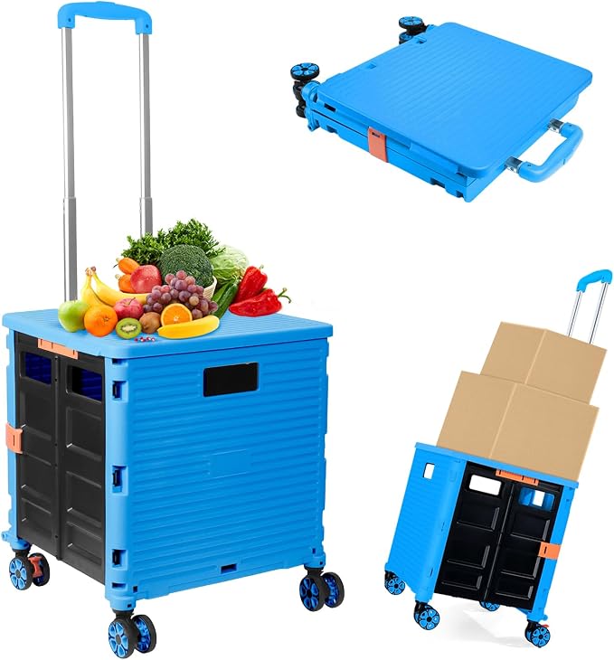 Foldable Utility Cart Folding Portable Rolling Crate Handcart Shopping Trolley Wheel Box with Lid Wear-Resistant Noiseless 360°Rotate Wheel for Travel Shopping Moving Storage Office Use (Sky Blue)