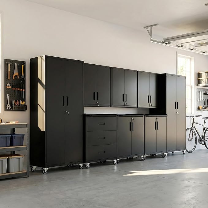 Garage Cabinet System | Heavy Duty Steel All-in-One Modular Garage Cabinet Set for Ultimate Workshop Organization | Easy Assembly Garage Storage Cabinets & Tool Bench