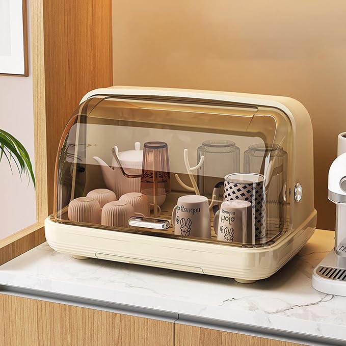 Rack Rack with Cover Organizer Storage Box Dish Drainer Portable Cabinet Organizer PET Material Easy to Clean for Home, Light Khaki Large
