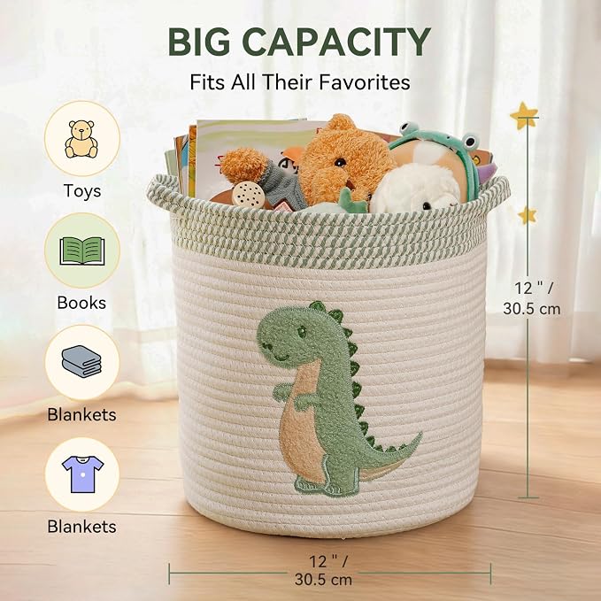 Dinosaur Toy Storage Basket for Toddlers Boys Dinosaur Room Decor, Medium | Cotton Rope Baby Hamper with Dinosaur Embroidery Toys Storage Organizer for Stuffed Animals, Books, Blankets 12" x 12"