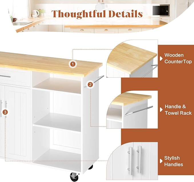 JY QAQA 42" Kitchen Island on Wheels with Storage Cabinet Kitchen Cart Cabinet with Shelves, Cart Handle for Towel Rack or Free Mobility, Portable Islands for Kitchen