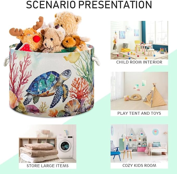 Sea Turtle Print Collapsible Round Storage Basket with Handles | Ocean Coral Seashells Large Laundry Baskets Hamper, Clothes Organizer Bin for Bedroom Living Room Decor, 20x 20x 14 Inches