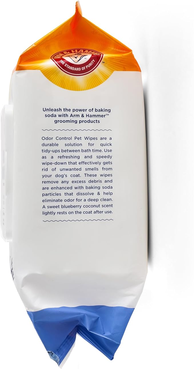 Arm & Hammer for Pets Odor Control Wipes for Dogs, Best Odor Eliminating Waterless Cleaning for Dogs & Puppies | Blueberry Coconut Scent, 100ct (Pack of 2)